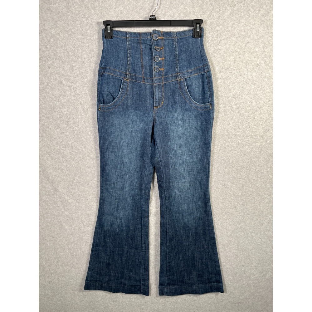 Boom Boom Jeans Women 9 Blue Denim Cotton Stretch Button Fly Smocked Back Flared